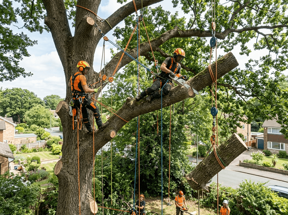 Arborists dismantling a large tree in sections over a residential garden