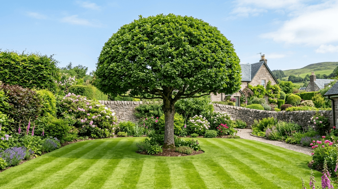 Tree with a neatly reduced, rounded crown in a landscaped garden