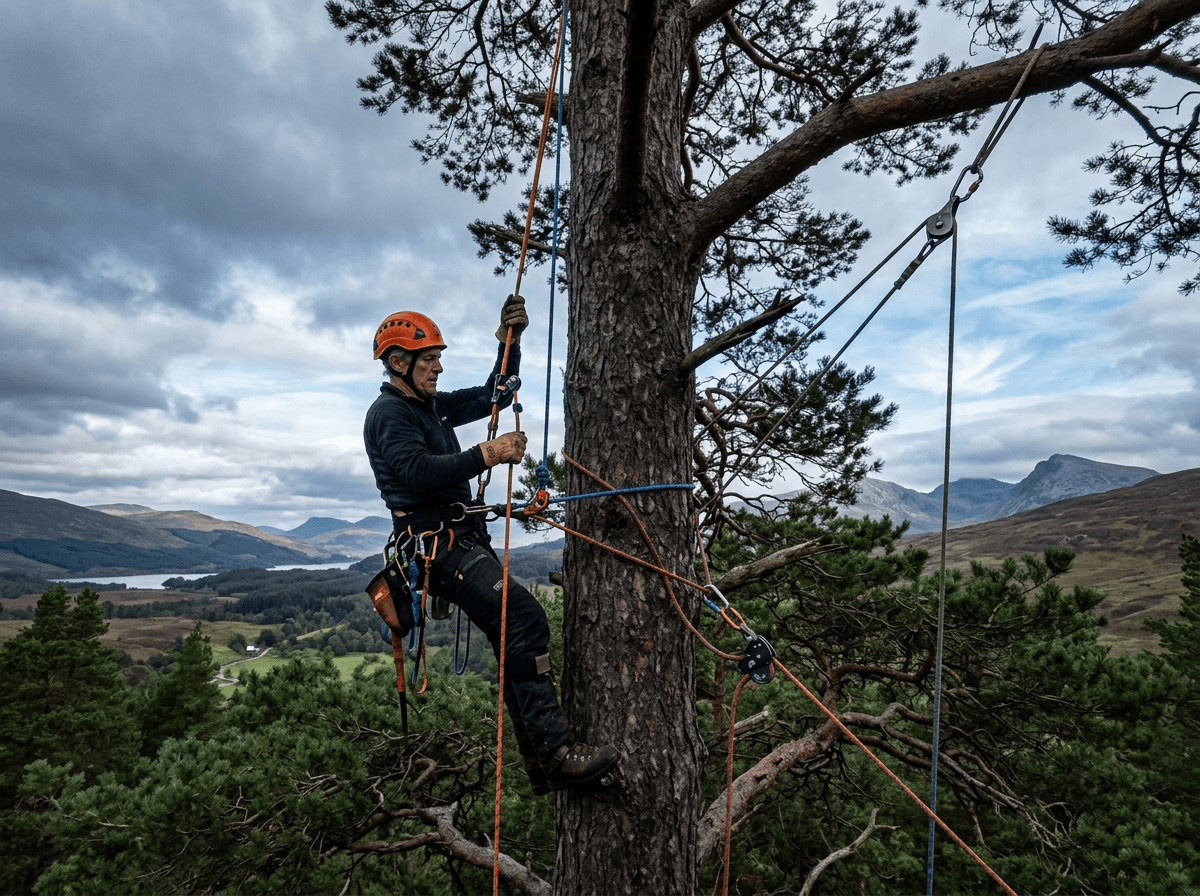 Arborist thinning and lifting the crown of a tall pine at height