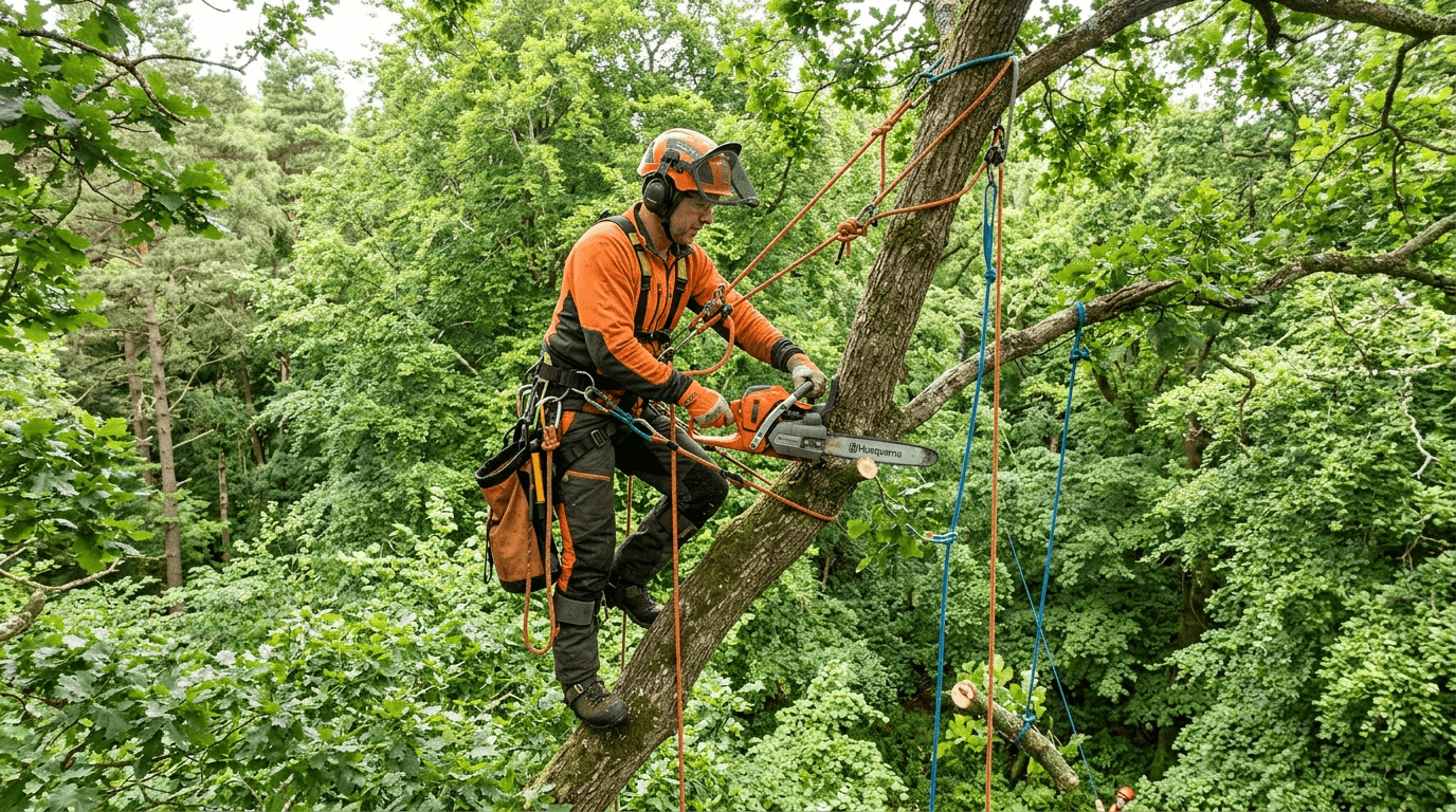 Tree surgeon pruning branches high in an oak tree